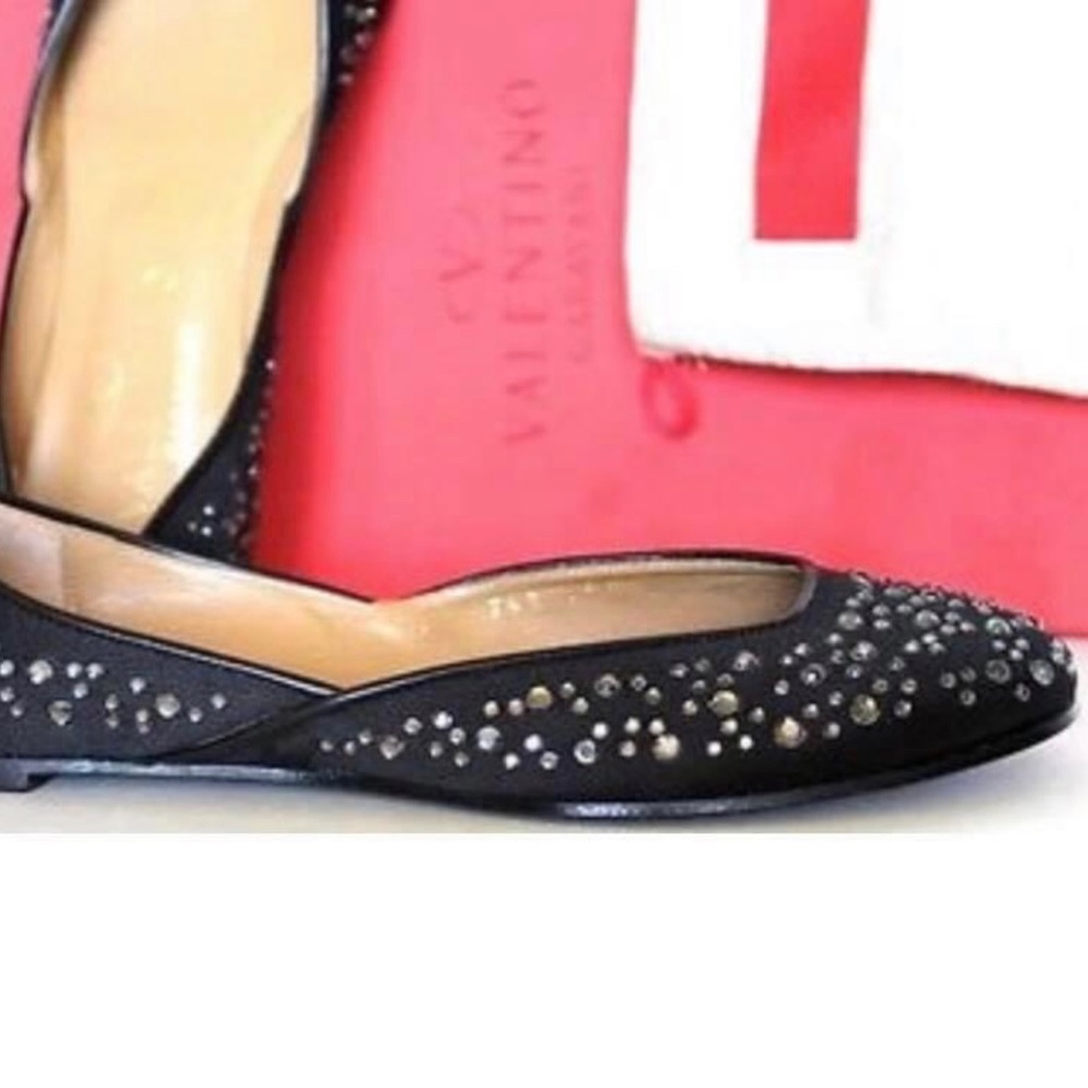 ❌SOLD OUT ❌NEW VALENTINO GARAVANI Black Satin Crystal Embellishments Flats 37.5
